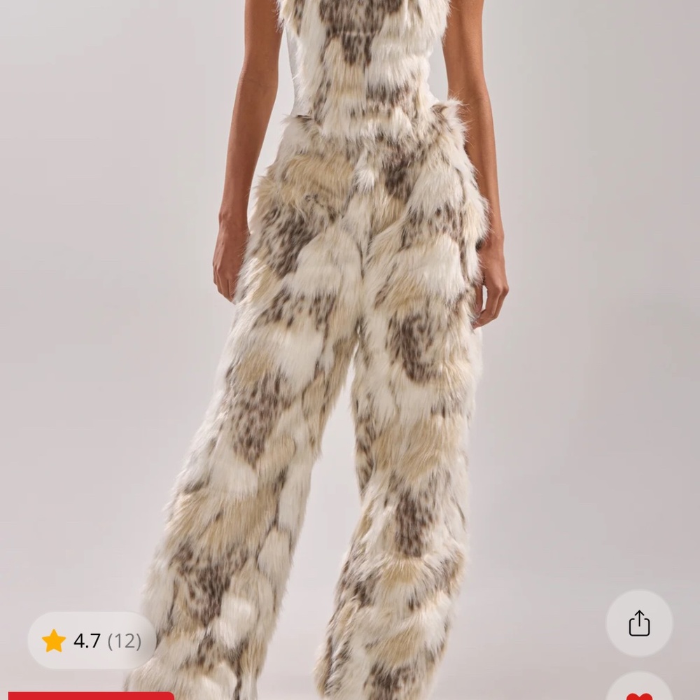 AKIRA Faux Fur Wide-Leg Jumpsuit in Cream and Brown